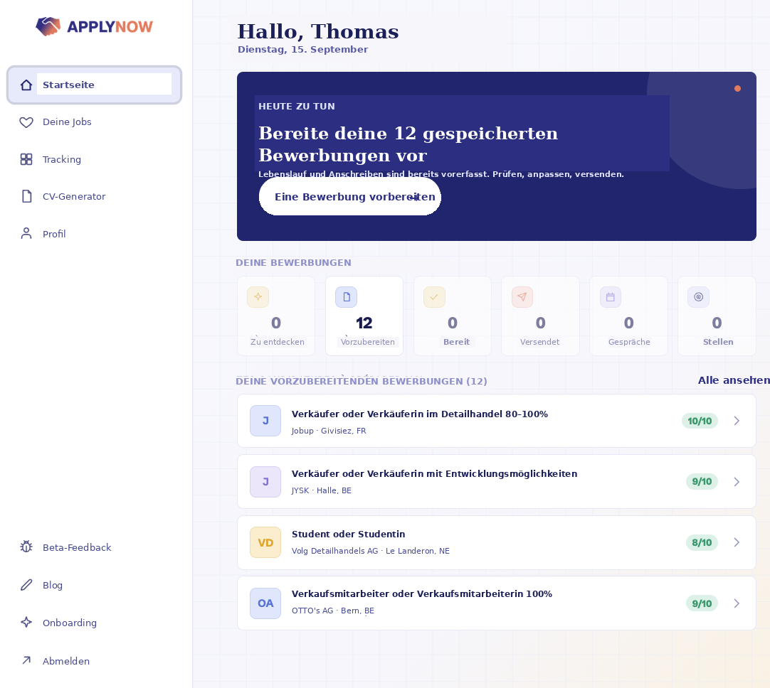 Screenshot der ApplyNow Website